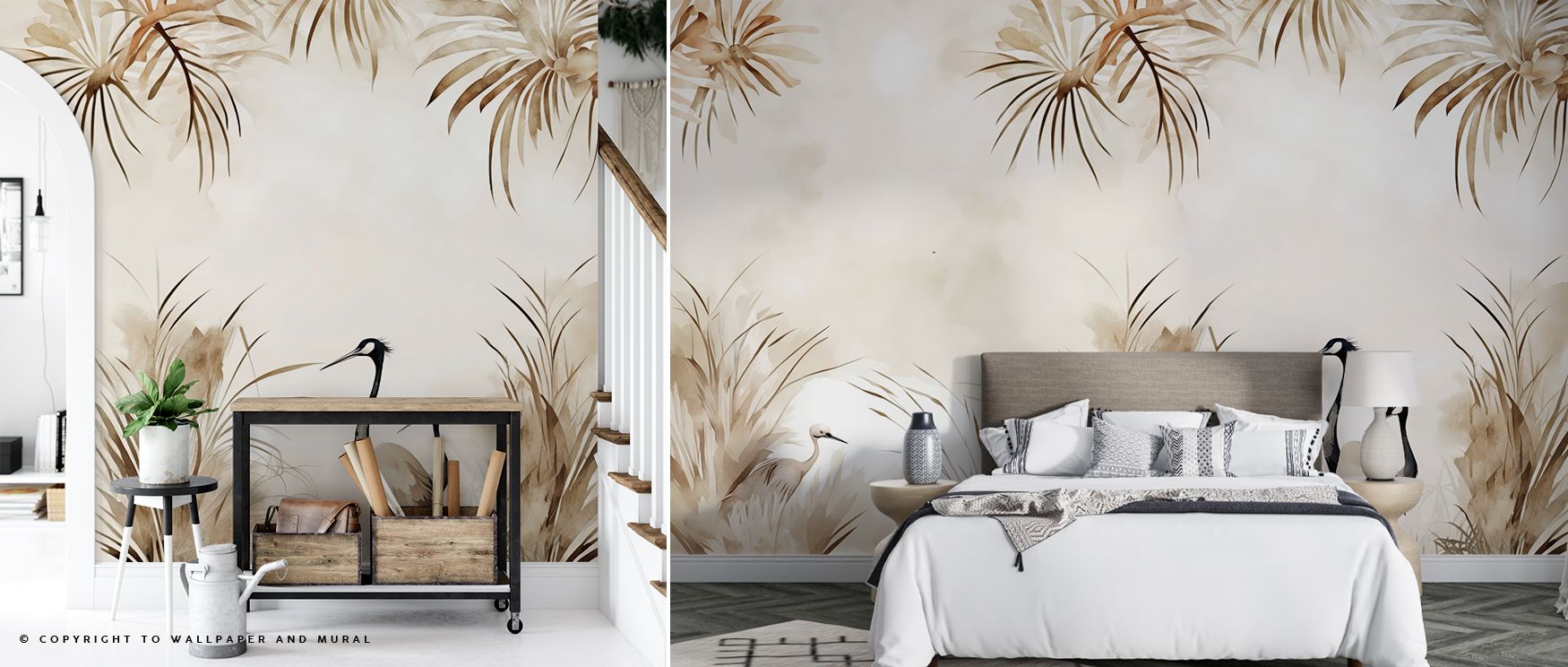 Golden calm surrounds Cranes in a Field Yellow Wallpaper, capturing the glow of sunlight through amber blooms. The cranes’ silhouettes stand with quiet dignity, embodying peace, poise, and timeless charm that transform rooms into radiant, natural sanctuar