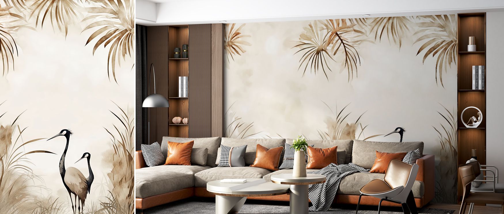 Gentle symmetry defines Cranes in a Field Yellow Wallpaper, as cranes and blossoms merge in serene harmony. Golden textures shimmer through delicate foliage, filling walls with emotion, elegance, and atmosphere inspired by tranquil landscapes and morning 