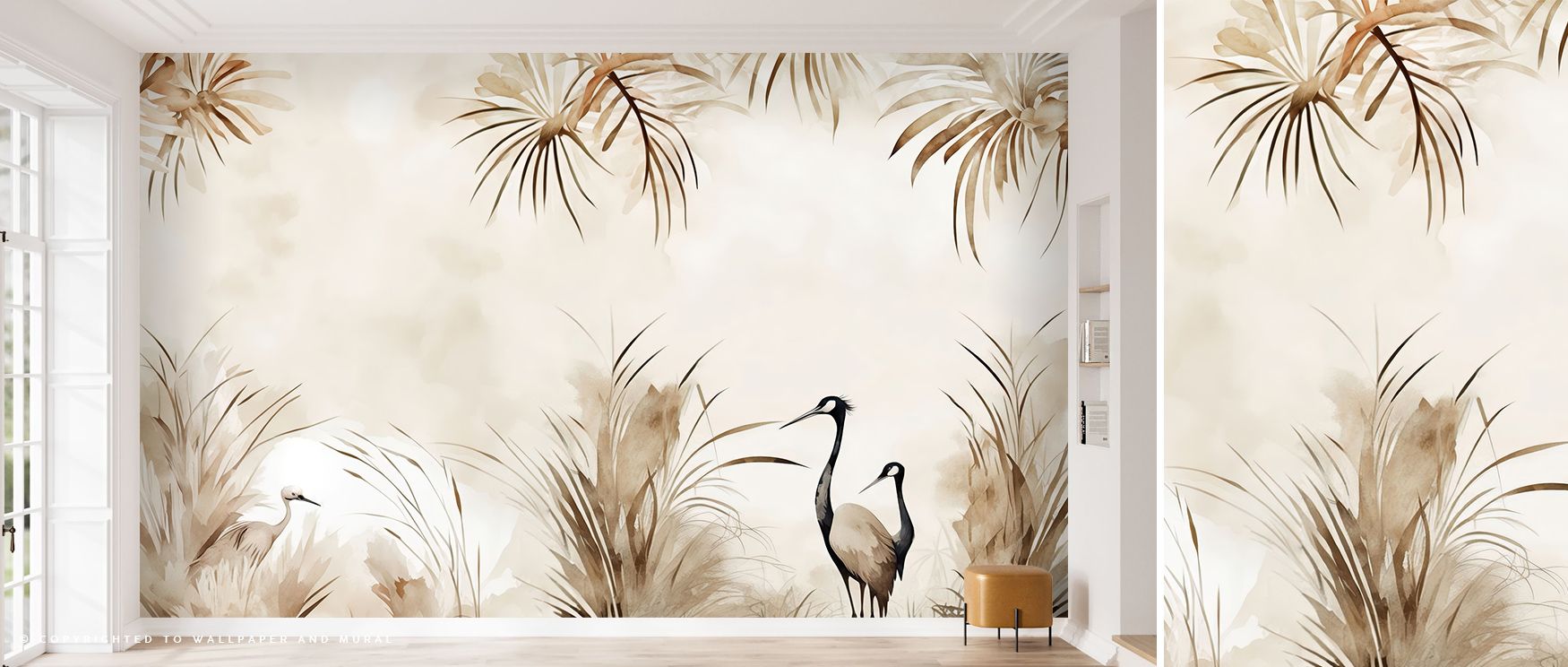 Whispers of natural beauty linger across Cranes in a Field Yellow Wallpaper, revealing cranes in poised tranquility. Each brushstroke expresses calm vitality, bringing softness and warmth to interiors seeking light and balance through timeless design flow