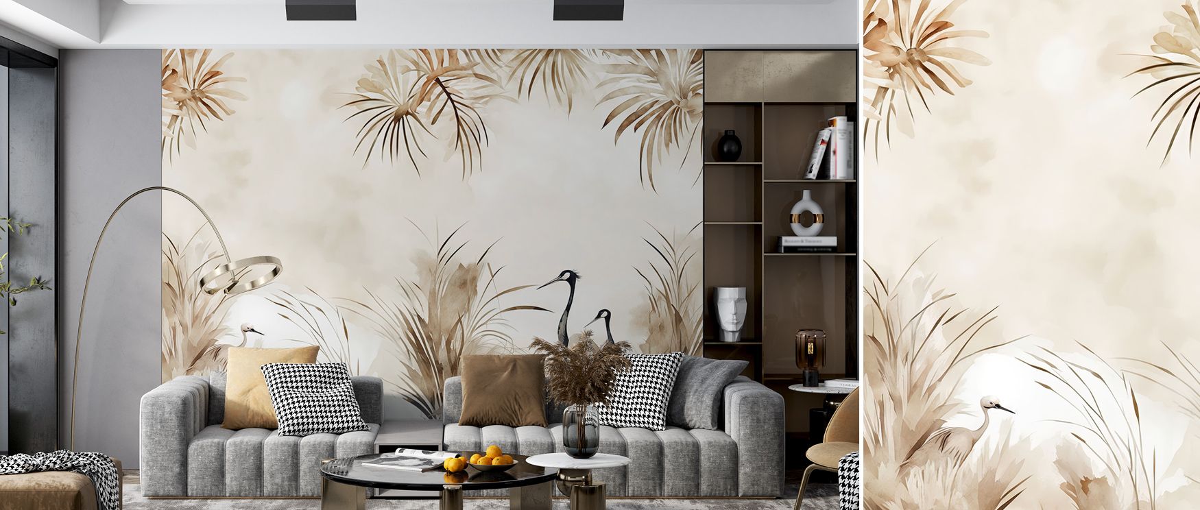 Warm sunlight glides across Cranes in a Field Yellow Wallpaper, filling each line with tenderness and grace. Designed for spaces of peace and beauty, it evokes floral purity, avian elegance, and the soft continuity of natural rhythm. 