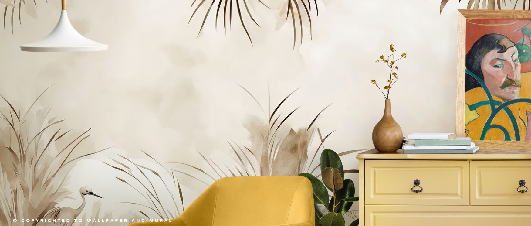 Peaceful motion emanates from Cranes in a Field Yellow Wallpaper, depicting cranes framed by golden petals. The interplay of tone and shape creates harmony, turning walls into luminous reflections of natural serenity and meditative energy. 