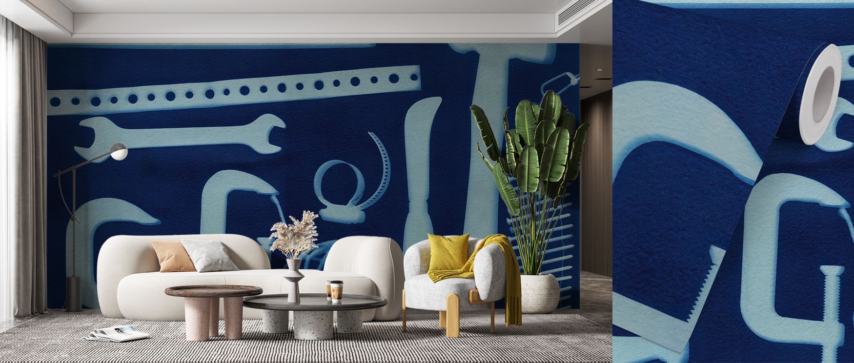 Industrial artistry thrives within Cyano Toolbox Wallpaper, blending structure and emotion. The polished arrangement of tools creates balance and intrigue, offering interiors visual calm enriched by heritage and design passion. 