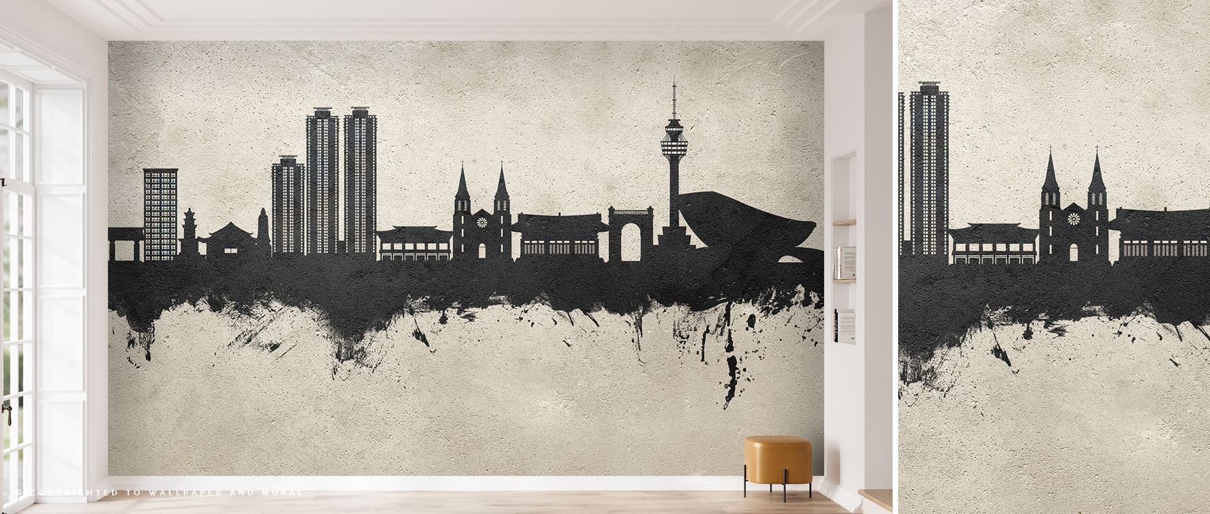 Architectural calm unfolds across Daegu South Korea Skyline Concrete Wallpaper, where gentle grey tones trace urban silhouettes. Each structure rises with balance and clarity, evoking quiet grandeur that transforms interiors through the serenity of refine