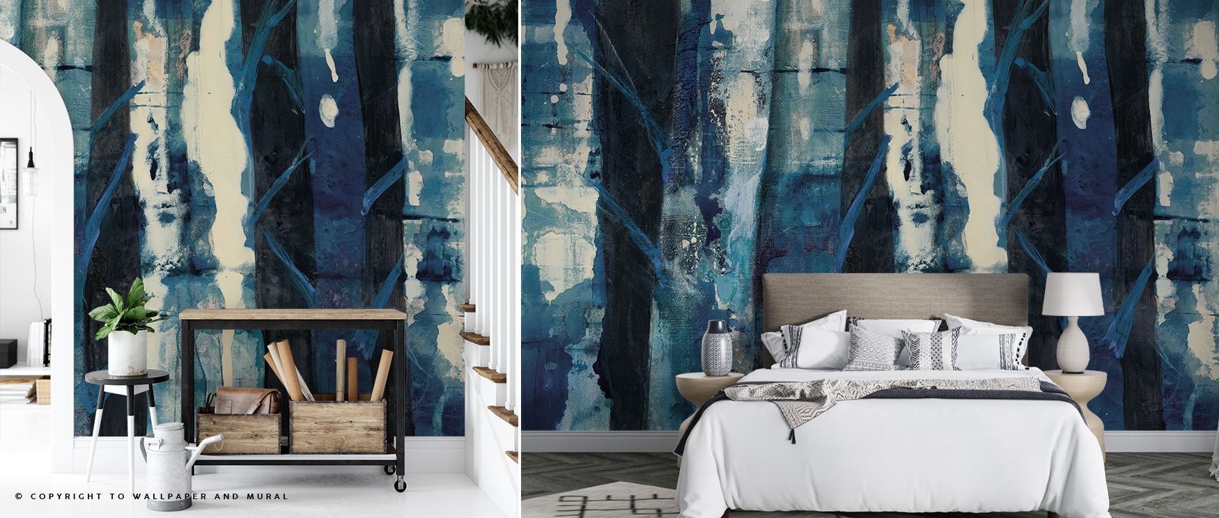 Immersed in deep color, Deep Woods III Indigo Wallpaper reflects the forest’s pulse at rest. Its abstract shapes mimic the flow of leaves and wind, casting subtle movement that soothes modern interiors with peaceful rhythm. 