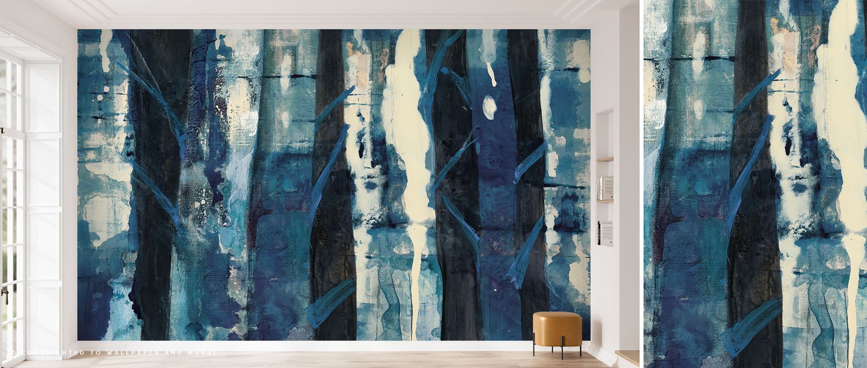 Delicate trees shimmer softly across Deep Woods III Indigo Wallpaper as layers of night and mist intertwine. The design evokes poetry and peace, turning modern living areas into tranquil forest-inspired sanctuaries. 