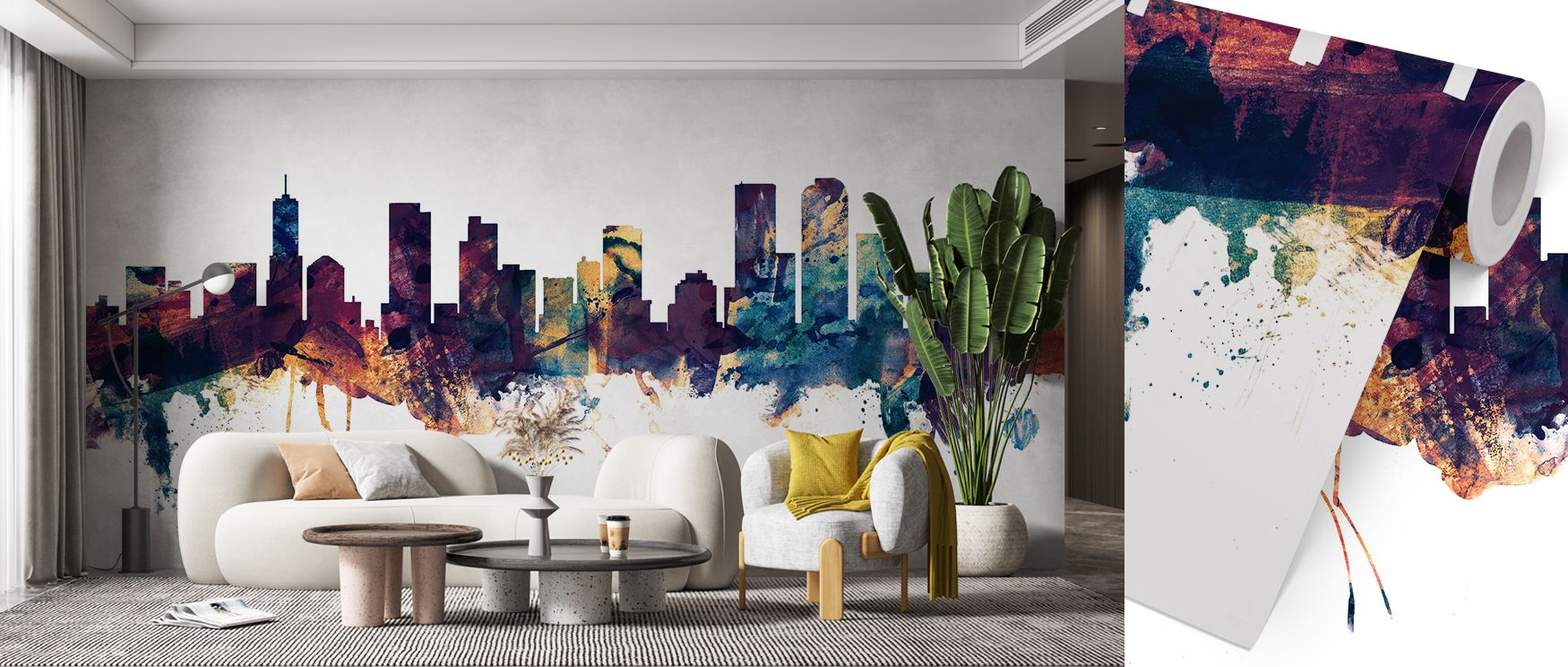 Gentle tones of evening light flow across Denver Skyline Blue & Bronze Wallpaper as structures rise within bronze glows. The design evokes poetic stillness, its rich palette inspiring imagination and relaxation. It transforms interiors into peaceful sanct