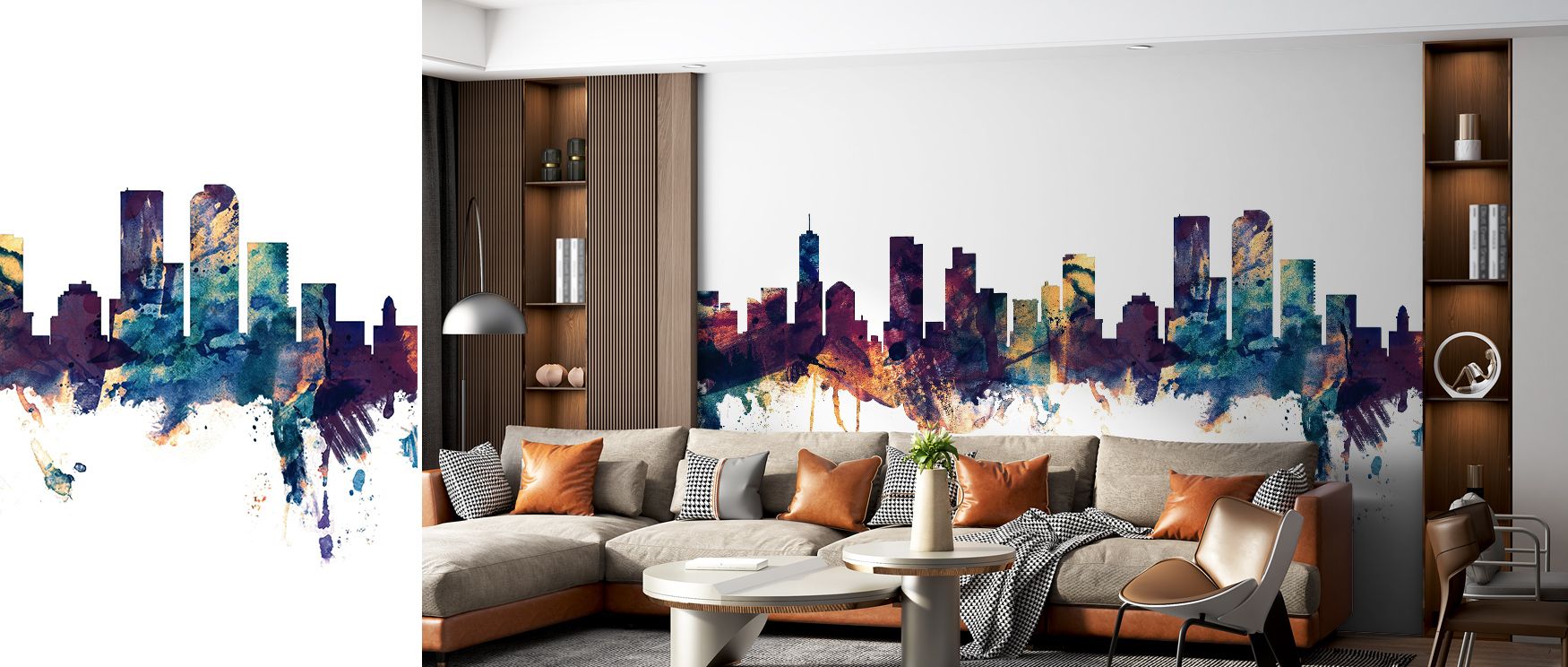 The soft radiance of Denver Skyline Blue & Bronze Wallpaper blends metallic warmth with blue serenity, crafting a visual melody of tone and motion. Each detail breathes harmony, celebrating architecture’s precision through color’s emotional rhythm and ele