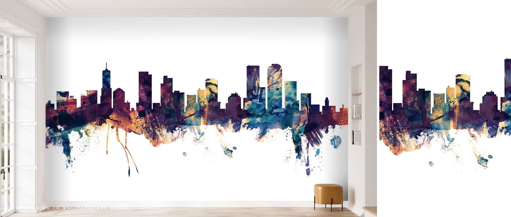 Layers of reflected light trace through Denver Skyline Blue & Bronze Wallpaper, highlighting architectural silhouettes that stand as symbols of creativity and culture. The interplay of warm metallics and cool shadows establishes depth, enriching rooms wit