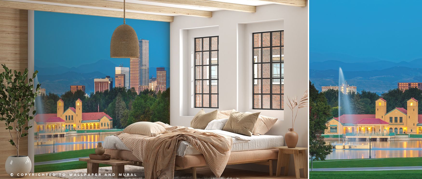 Gentle rays of light sweep across Denver Sunrise Wallpaper, illuminating the skyline in hues of coral, gold, and blush pink. The design embodies the first warmth of morning, symbolizing hope, creativity, and peace. Each architectural line glows softly, me
