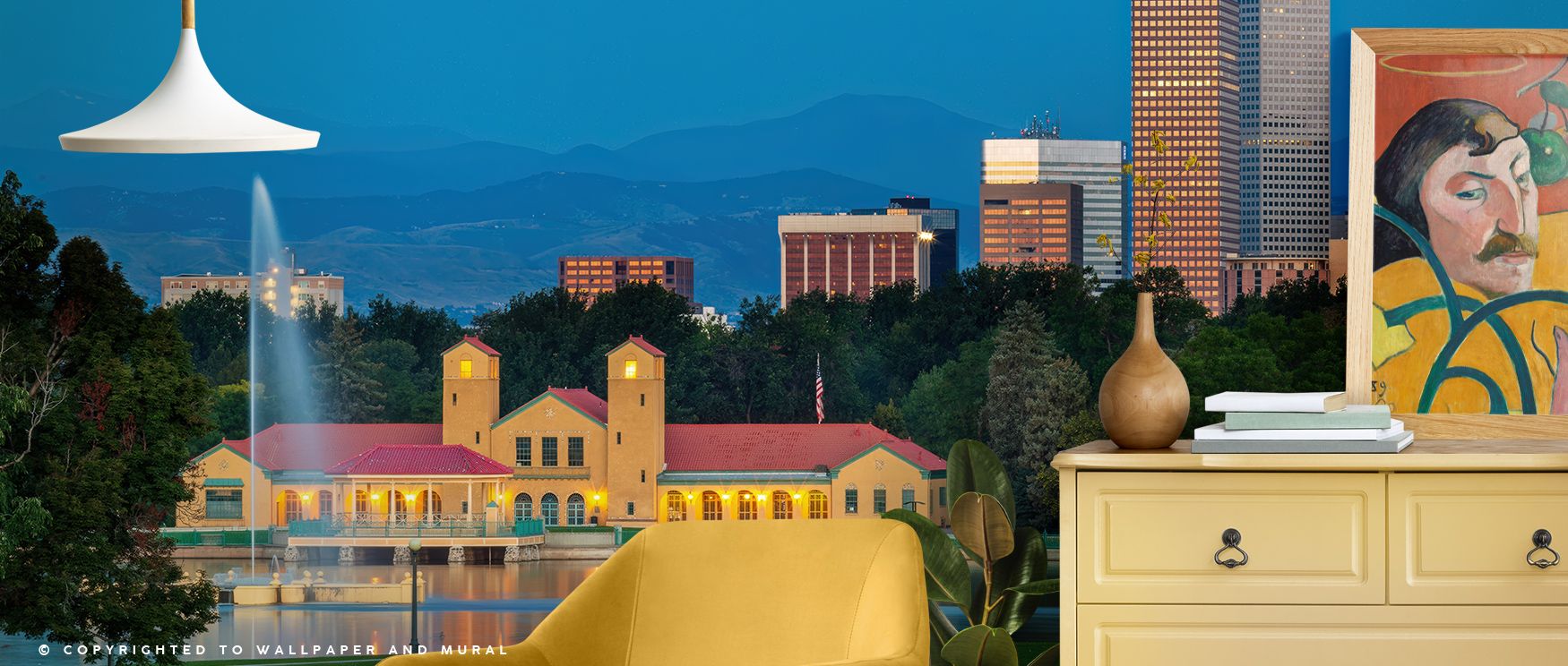 A cascade of gentle color flows through Denver Sunrise Wallpaper, glowing with tranquility and energy. The skyline mirrors the awakening sky, filling spaces with a luminous serenity that reflects both urban spirit and natural calm. 
