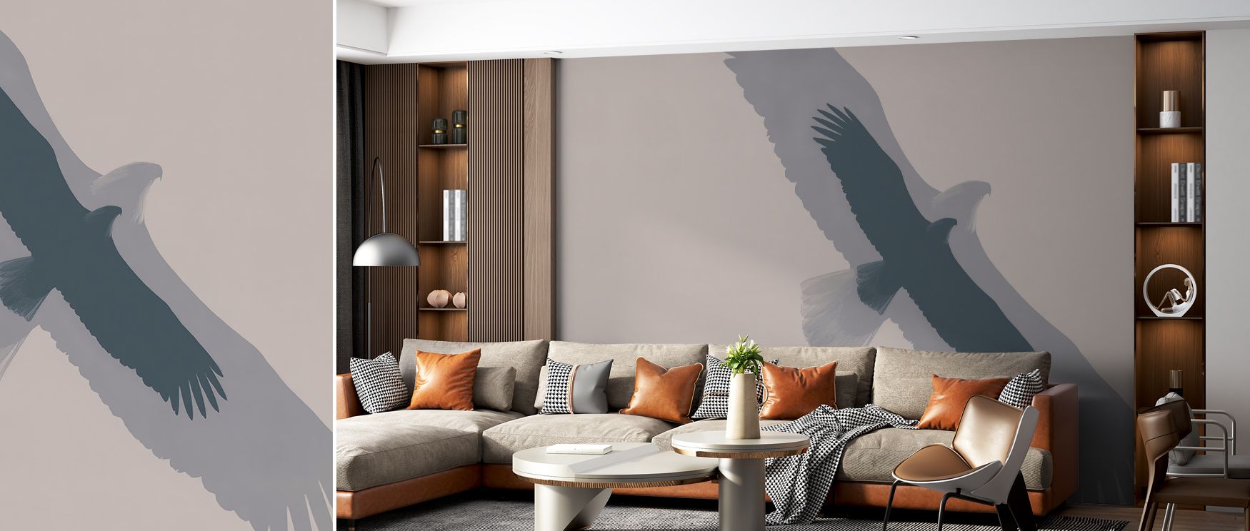 Depth and dynamism come alive in Double Eagle Flight Wallpaper, as golden light traces along feathered forms. The seamless integration of power and softness radiates sophistication, celebrating nature’s grandeur through art and design. 