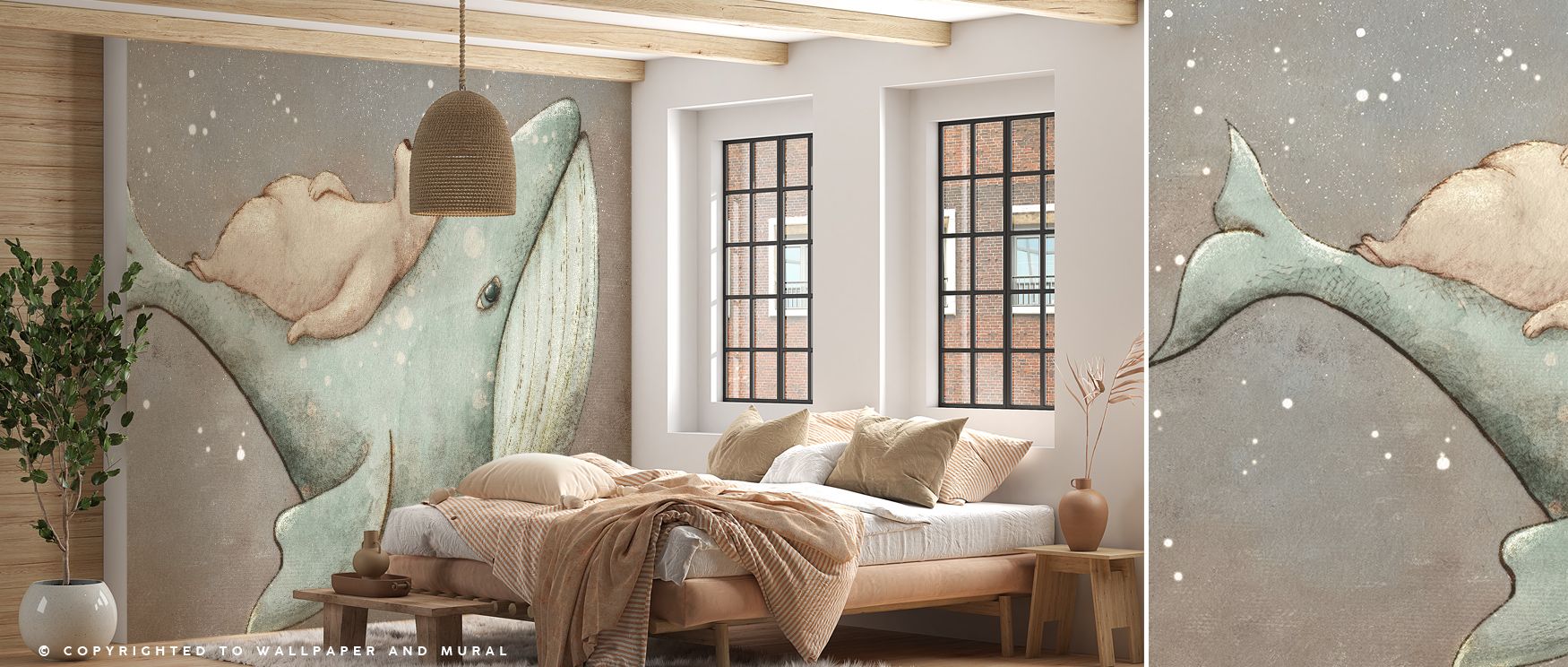 Gentle dreamscapes unfold across Dreaming Whale & Bear Wallpaper as soft blues and creams merge into tranquil horizons. The whale glides beside a resting bear, both captured in motionless serenity. This artwork inspires comfort and imagination, creating i