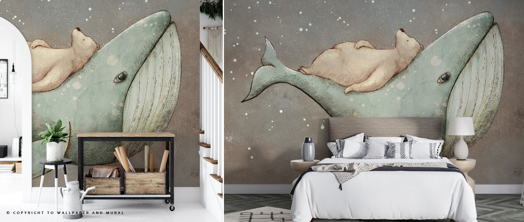Flowing softly, Dreaming Whale & Bear Wallpaper paints a scene of companionship suspended in clouds of light. Each line feels tender, evoking affection and peace. The composition’s poetic balance transforms rooms into havens of magic and calm creativity. 