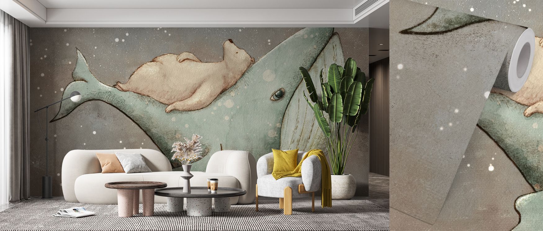 Subtle tones of misty blue ripple through Dreaming Whale & Bear Wallpaper, carrying a sense of floating calm. The bear and whale drift together in timeless stillness, offering a narrative of balance that enriches restful interiors. 