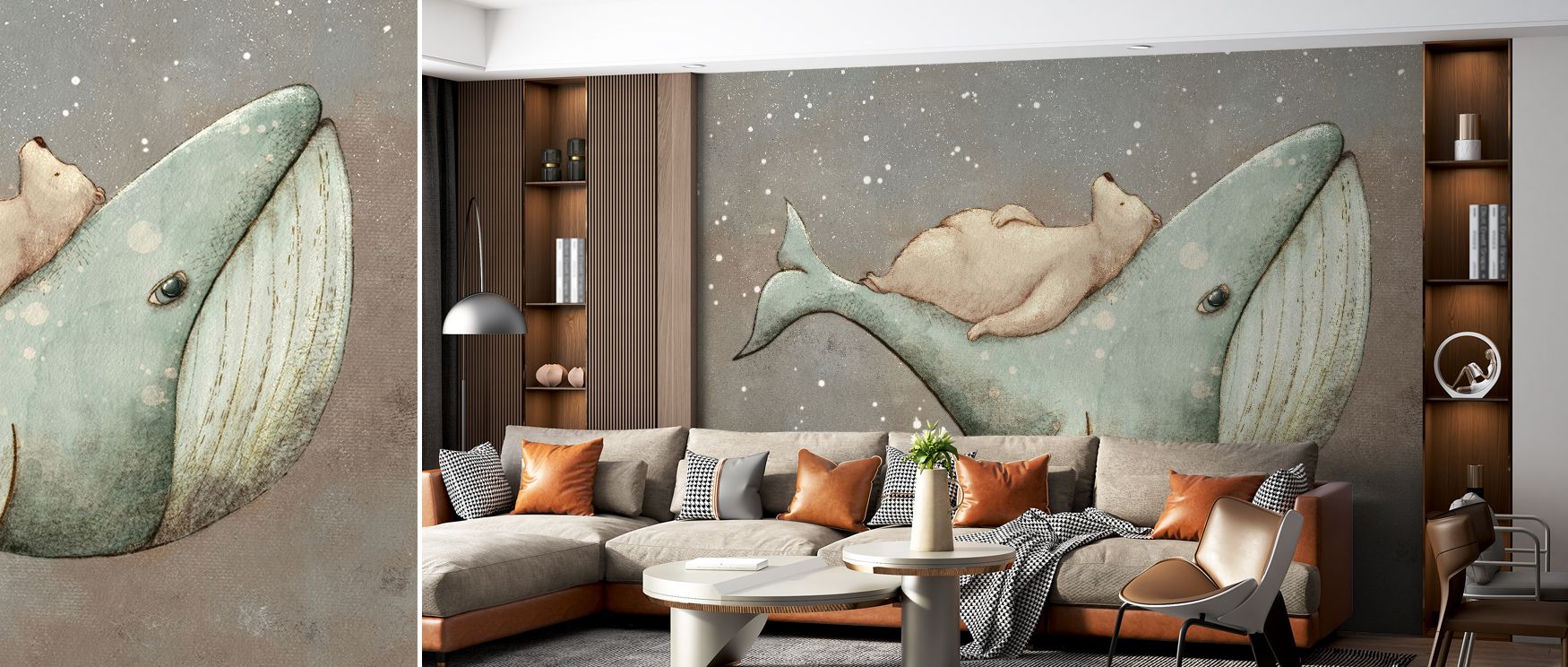 Layers of delicate texture define Dreaming Whale & Bear Wallpaper, its soft gradients bringing depth and tenderness. The imagery expresses emotion and simplicity, inviting imagination to soar through its harmonious rhythm of peace. 