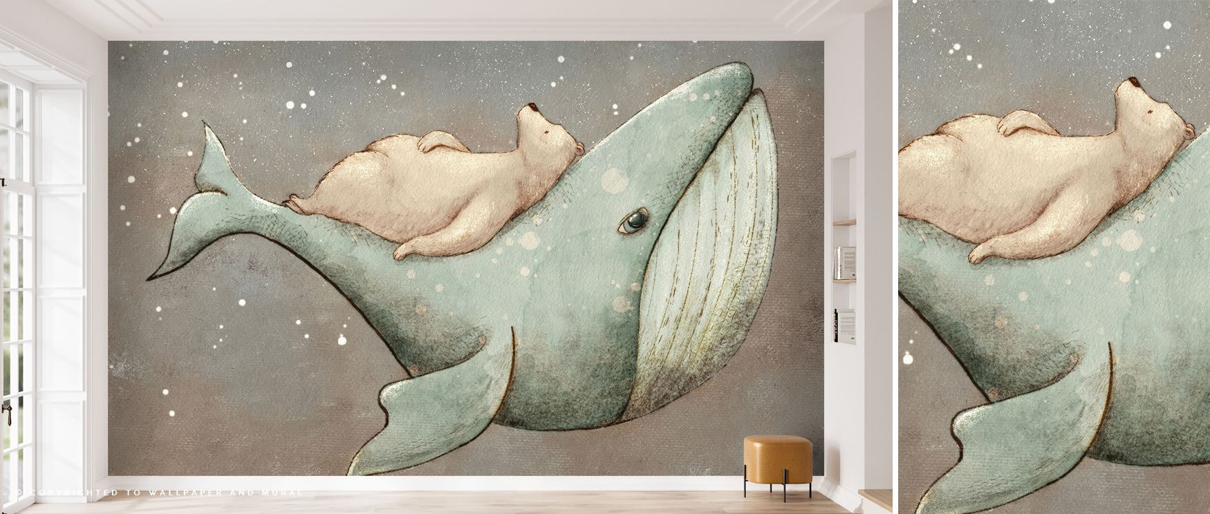 Tranquility radiates through Dreaming Whale & Bear Wallpaper, merging imagination and grace. The calm waters and drifting clouds capture the poetry of dreams, wrapping interiors in gentle artistry that inspires serene reflection. 