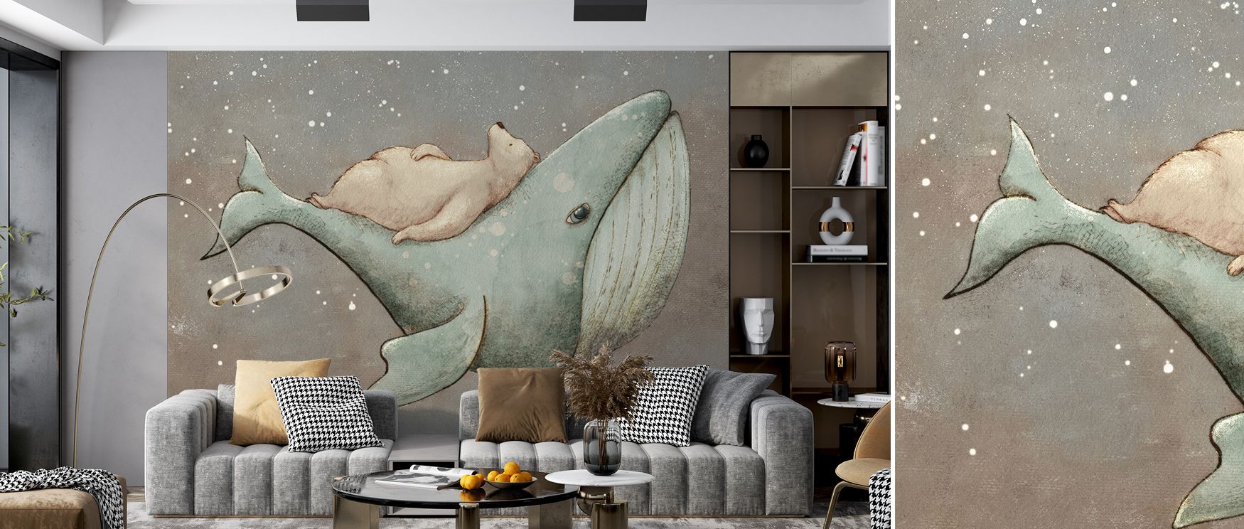 Hushed light moves across Dreaming Whale & Bear Wallpaper as shapes melt into airy blues. The dreamlike forms invite mindfulness and joy, enriching interiors with storytelling calm and subtle wonder. 