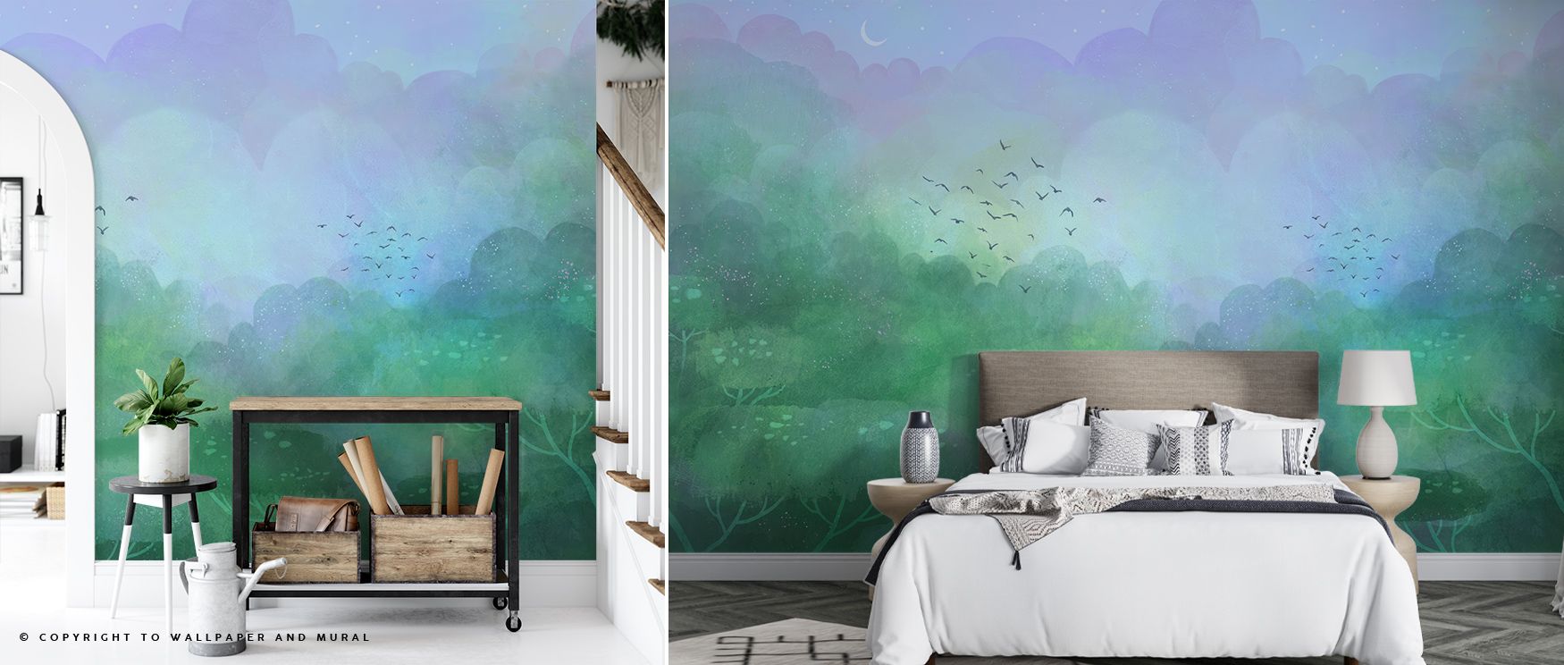 Through delicate shading and texture, Dreamy Landscape, Powder Blue Wallpaper evokes the feeling of dawn’s quiet. Its blue hues calm the mind while the layered forms create visual rhythm, enhancing spaces with meditative beauty. 