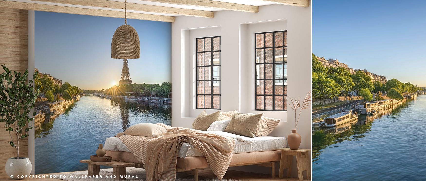 Paris comes alive through Eiffel on the Seine Wallpaper, where the Eiffel Tower stands beside tranquil waters bathed in evening light. The palette glows with subtle gold and silver hues, enriching interiors with grace and timeless European artistry that i