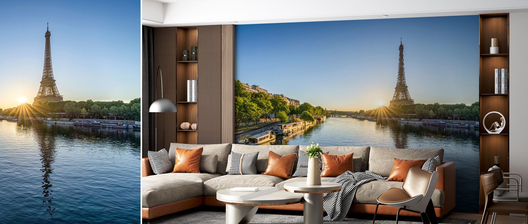 Subtle metallic tones radiate through Eiffel on the Seine Wallpaper, capturing the soul of Paris at twilight. The delicate interplay of architecture and light brings serenity, filling interiors with timeless artistic presence and refined balance. 
