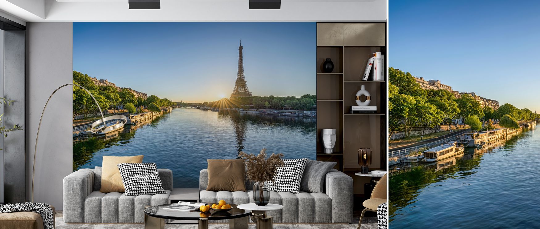 Golden reflections breathe through Eiffel on the Seine Wallpaper, its design capturing Paris’s romance and artistry. The gentle tones of blue and bronze blend seamlessly, creating interiors with poetic balance and soft luminosity. 
