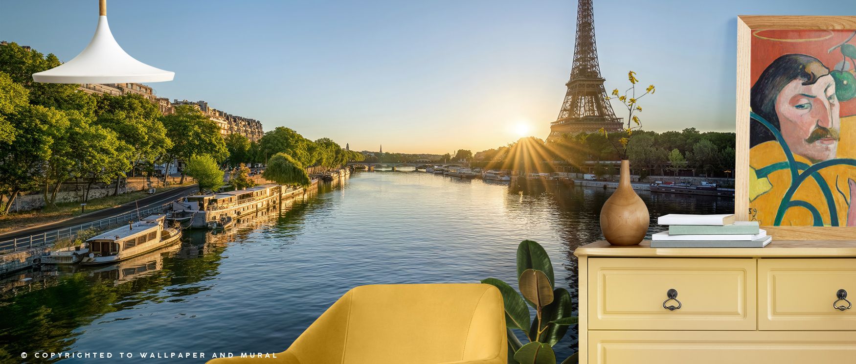 Reflective waters shimmer beneath the Eiffel Tower in Eiffel on the Seine Wallpaper, embodying unity between architecture and nature. The quiet color transitions express harmony, making interiors feel peaceful and sophisticated. 