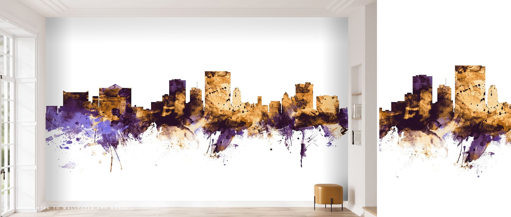 Twilight shimmers across El Paso Texas Skyline Purple & Gold Wallpaper as violet skies blend into warm golden highlights. The city’s architecture glows with quiet confidence, creating an atmosphere of grace and cultural pride within interiors that celebra