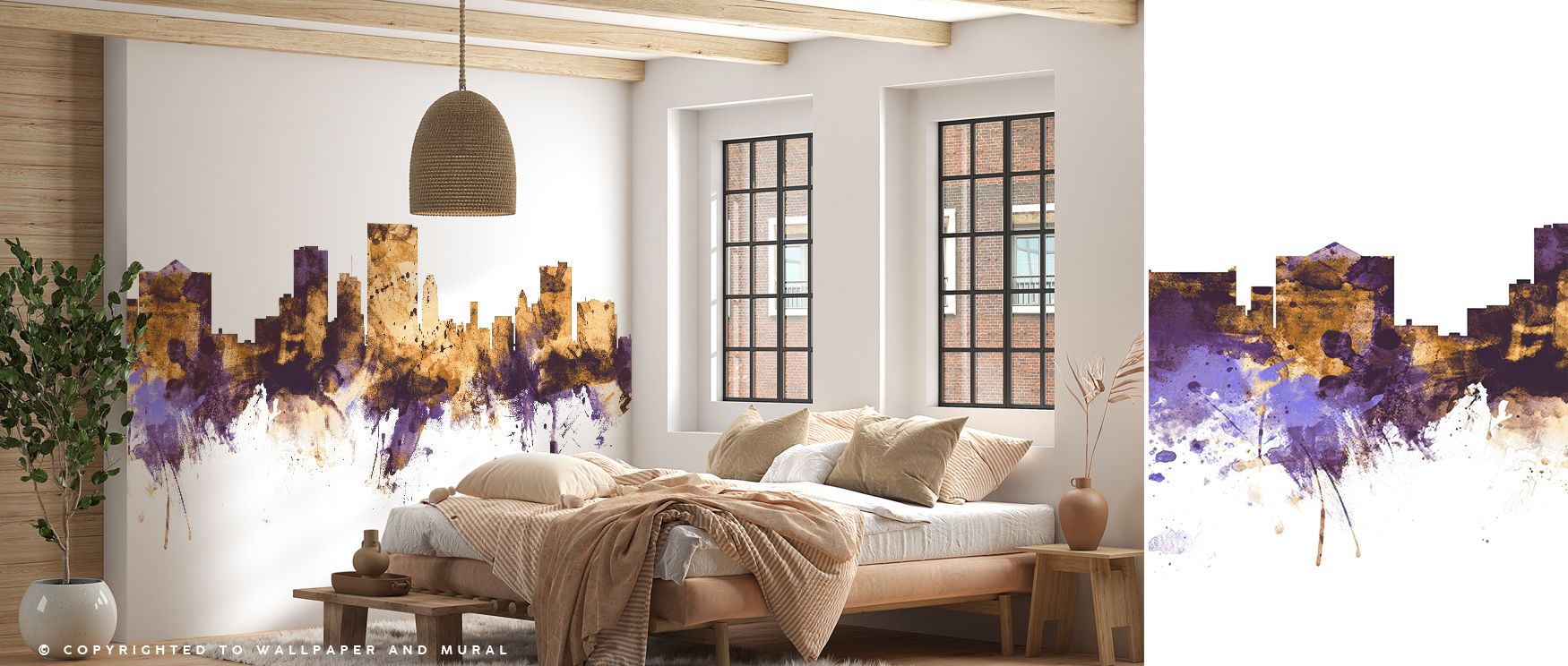 El Paso Texas Skyline Purple & Gold Wallpaper radiates balance through color and structure. The interplay of violet shadows and golden accents fills interiors with quiet sophistication, echoing the beauty of a city at sunset. 