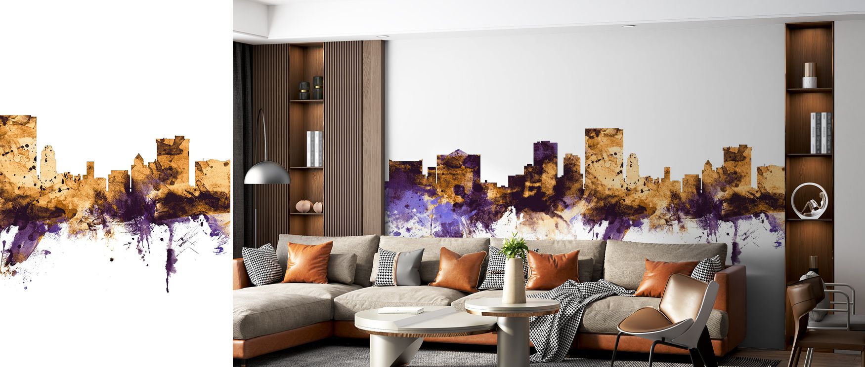 Reflective hues flow across El Paso Texas Skyline Purple & Gold Wallpaper, painting the city’s outline in radiant detail. The contrast between luminosity and shadow creates emotional depth that enhances contemporary rooms. 