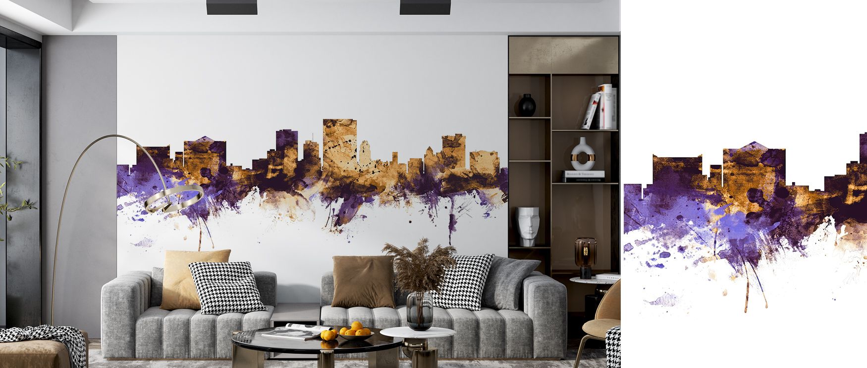 A peaceful energy fills El Paso Texas Skyline Purple & Gold Wallpaper as soft light glides over the skyline. Its tranquil composition and refined palette inspire interiors filled with modern artistry and calm urban grace. 