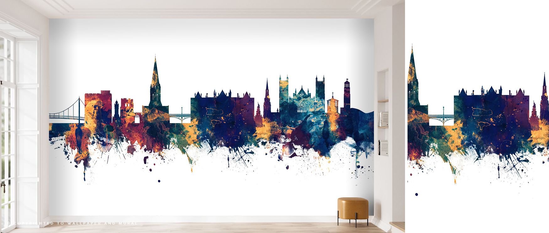 Exeter England Skyline Blue & Bronze Wallpaper depicts the city skyline bathed in deep blue and bronze tones, creating a sophisticated focal point for living rooms or offices. Architectural silhouettes are intricately detailed with subtle light gradients,
