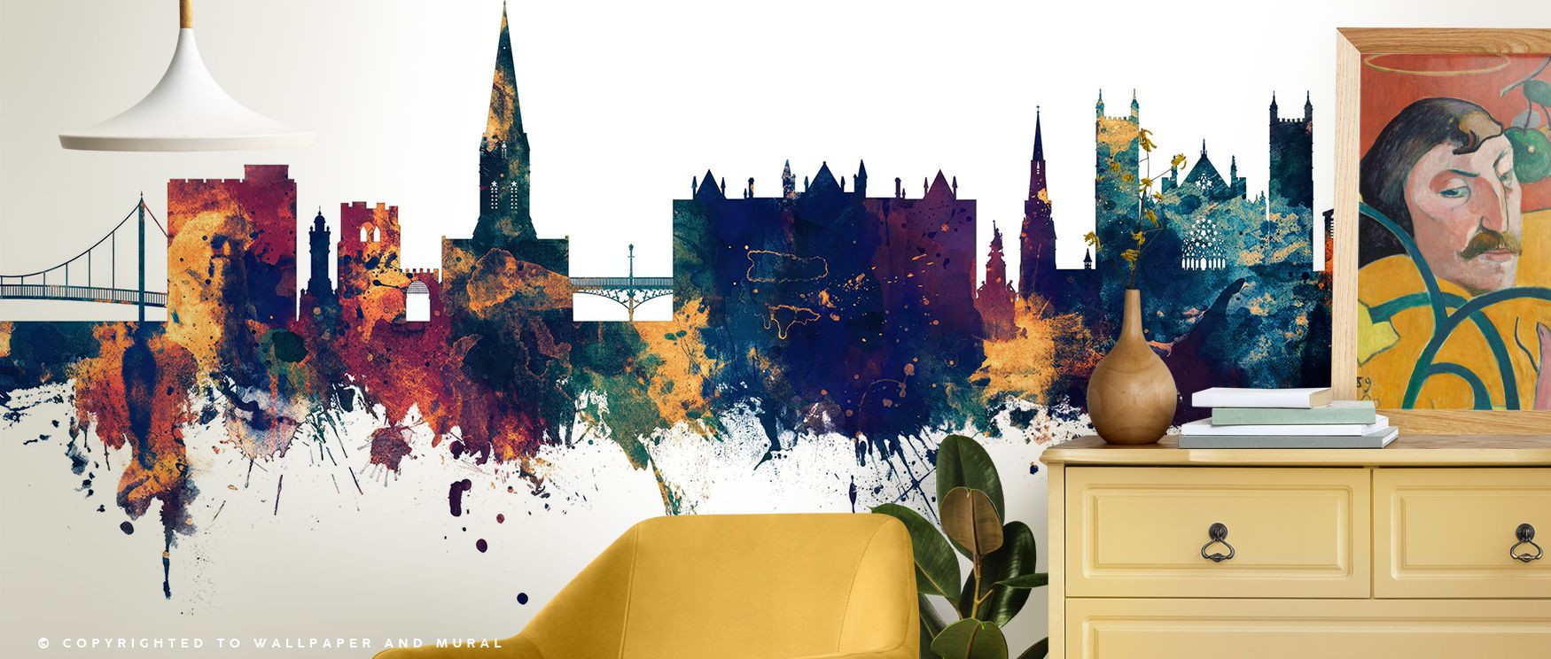 Exeter England Skyline Blue & Bronze Wallpaper presents a refined cityscape with luminous bronze accents and deep blue backgrounds for living rooms or offices. Horizon gradients and rooftop details create elegant visual flow. Subtle layering of shadows an