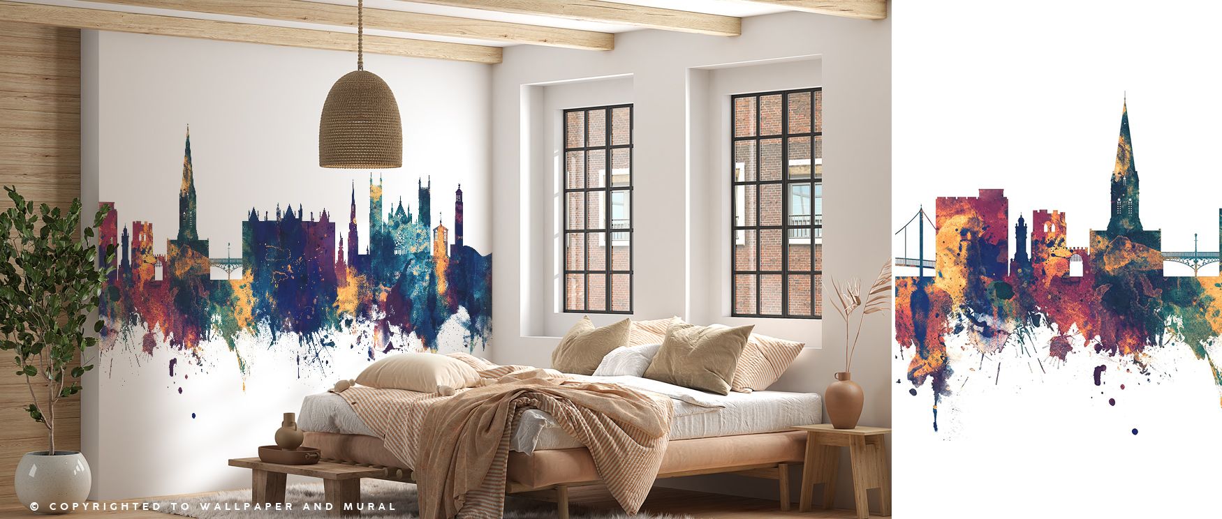 Exeter England Skyline Blue & Bronze Wallpaper captures the essence of a historic cityscape with deep blue skies and warm bronze highlights, ideal for elegant living rooms or offices. Intricate details of rooftops and skyline silhouettes bring sophisticat