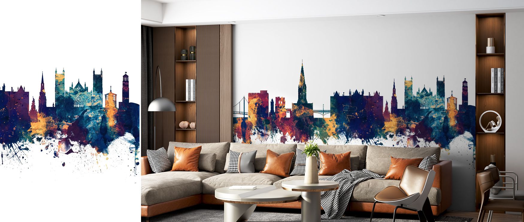 Exeter England Skyline Blue & Bronze Wallpaper offers a striking blend of deep blue skies and bronze highlights across detailed rooftops, perfect for living rooms or office walls. Layered textures and soft light gradients create depth and dimension. Archi