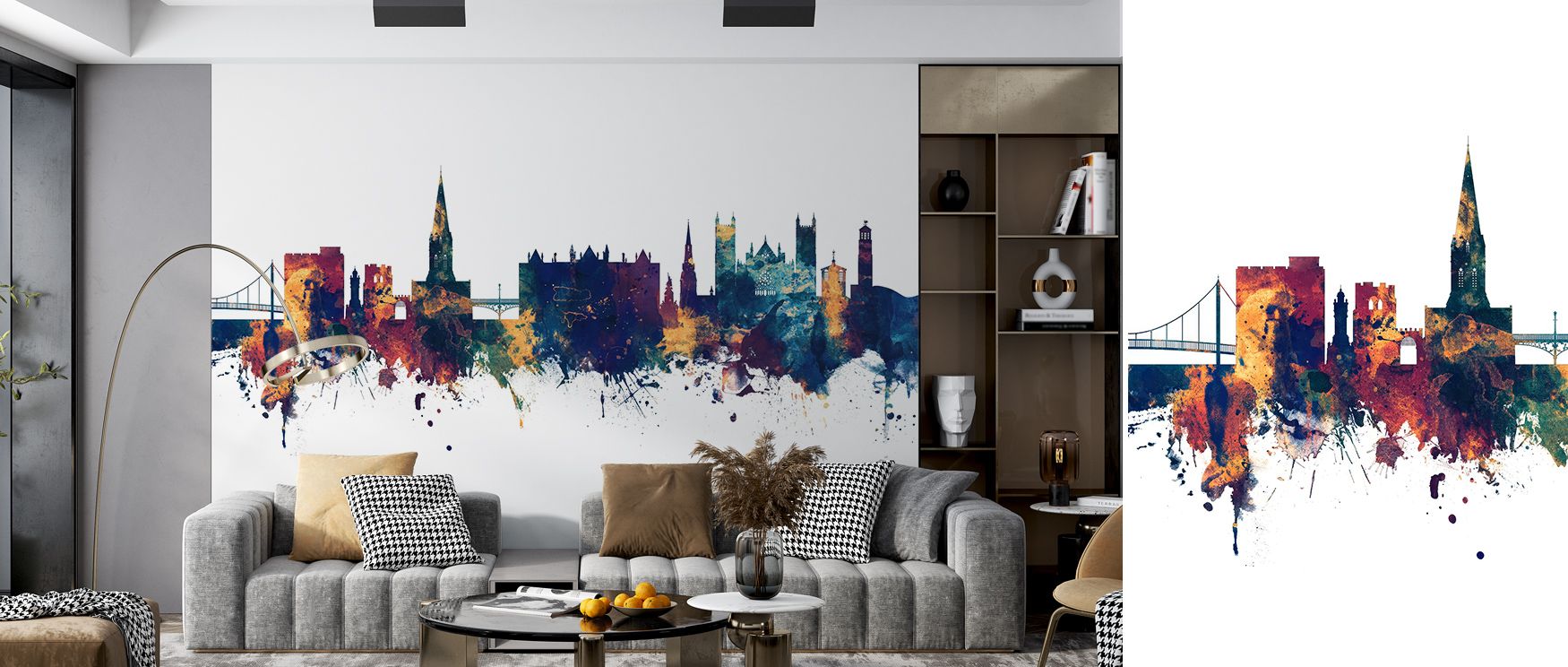 Exeter England Skyline Blue & Bronze Wallpaper portrays detailed city silhouettes in harmonious blue and bronze tones, ideal for living rooms, offices, or lounge corners. Evening gradients and layered rooftop textures enhance depth. Light reflections brin