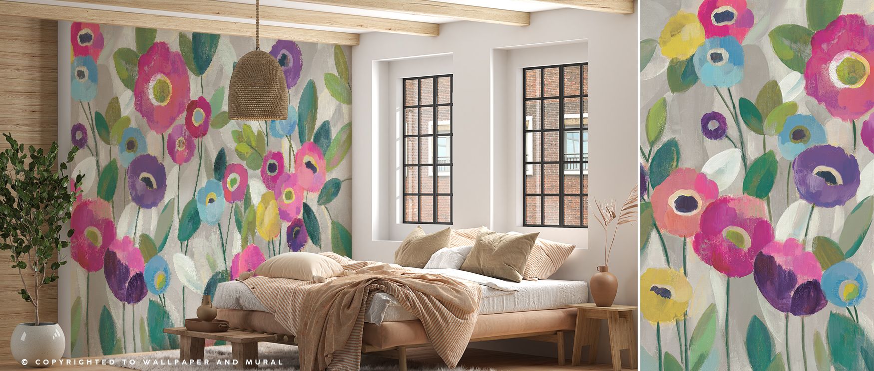 Gentle hues cascade across Fairy Tale Flowers V Pink Wallpaper, creating a luminous effect of depth and harmony. The floral arrangement feels timeless yet fresh, ideal for interiors that celebrate beauty, comfort, and imagination. 