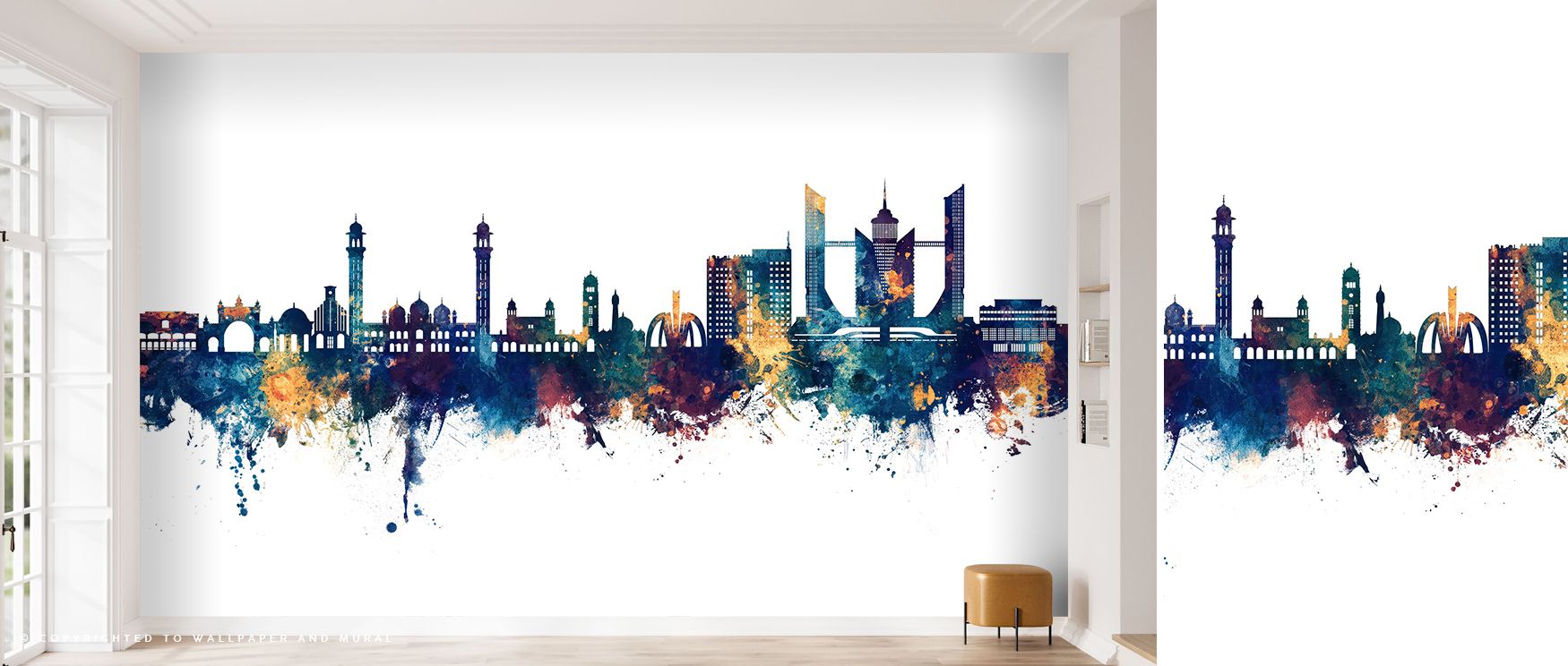 Twilight reflections shimmer across Faisalabad Pakistan Skyline Blue & Bronze Wallpaper as the skyline glows in metallic bronze. The indigo sky deepens with soft light, adding harmony and warmth that elevate modern interiors with artistic energy and urban