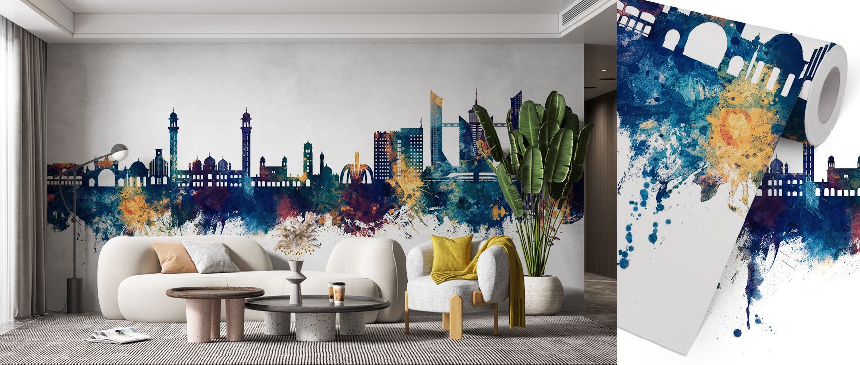 Faisalabad Pakistan Skyline Blue & Bronze Wallpaper merges light and shadow with poetic restraint. The interplay of metallic sheen and indigo dusk creates atmosphere, surrounding interiors with luxury and cultural depth. 