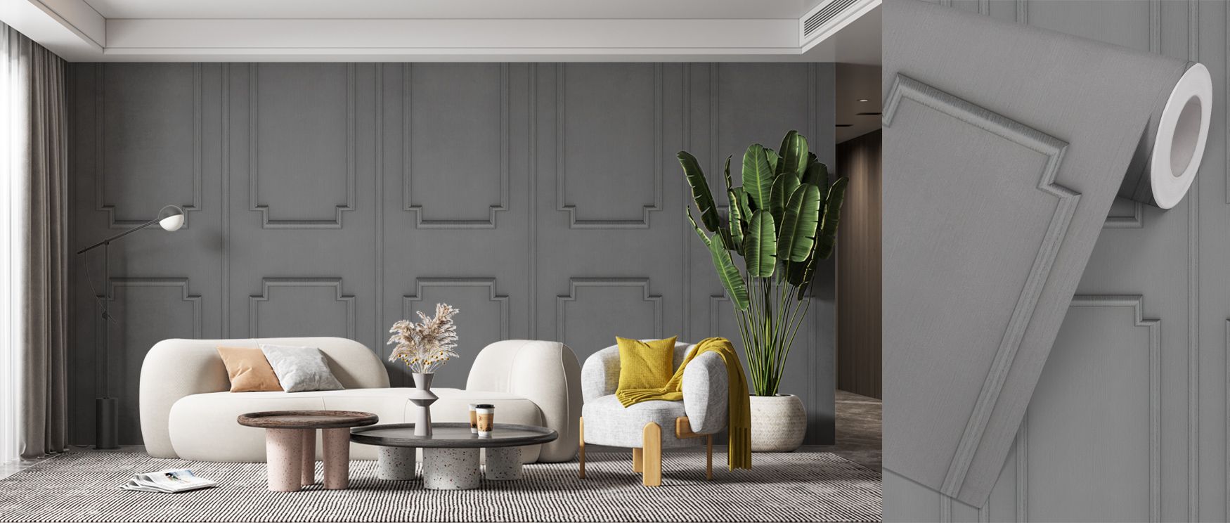 Close-up of Faux Wall Panel Moulding Soft Grey wallpaper showing realistic panel textures, delicate highlights, and subtle shadows that mimic authentic wall moulding craftsmanship, ideal for achieving a classic, luxury-inspired wall finish in your home.