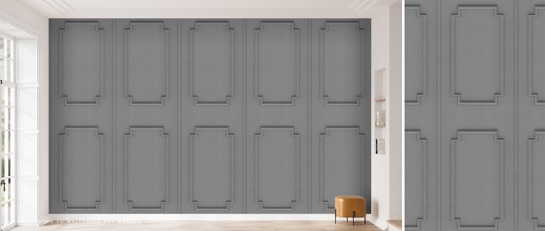 Faux Wall Panel Moulding Soft Grey wallpaper with stunning lifelike details and high-definition printing, designed to evoke elegance and charm while effortlessly transforming plain walls into a sophisticated architectural feature in your living space.