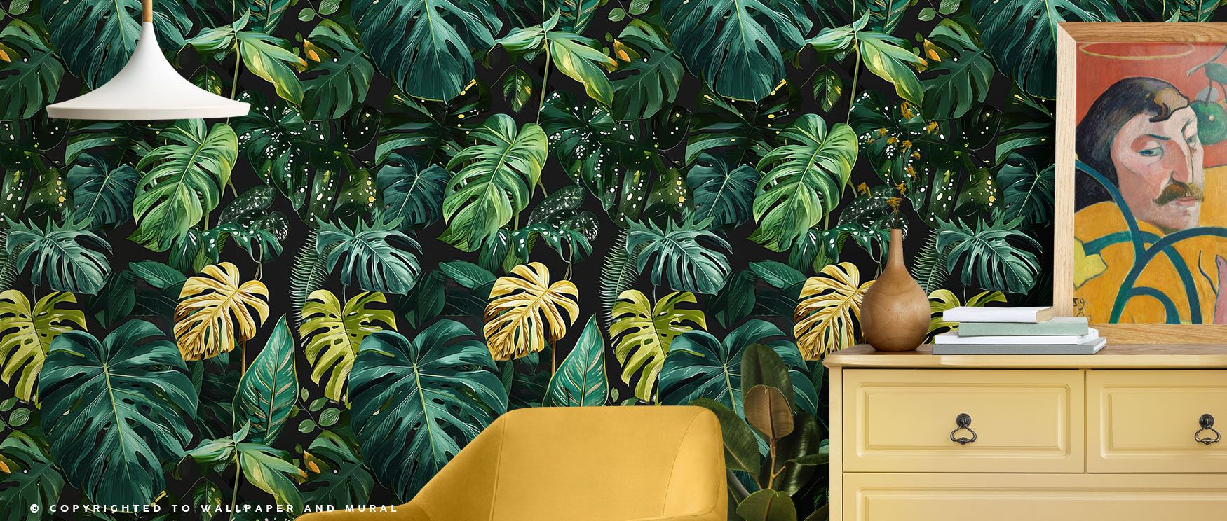 Tropical Monstera leaves are captured in lush green shades with elegant metallic gold touches, creating a statement wallpaper design for bedrooms, offices, or lounge areas. 