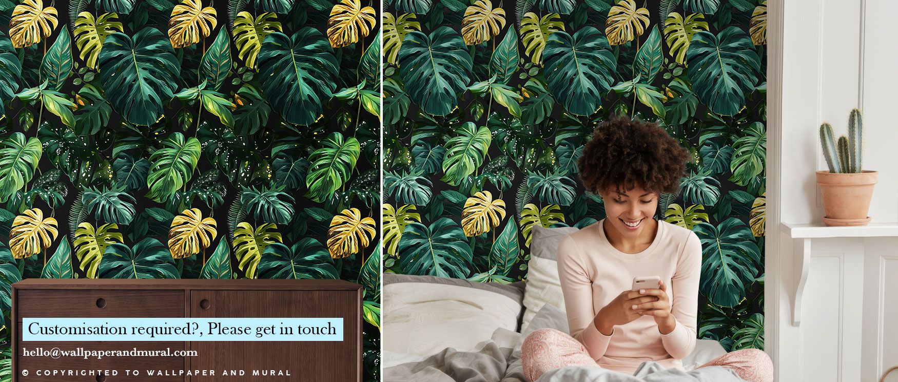 The Monstera Leaf with Gold Accent Wallpaper combines natural botanical elegance with a luxurious shine, making it a centerpiece for living rooms or stylish bedroom backdrops. 