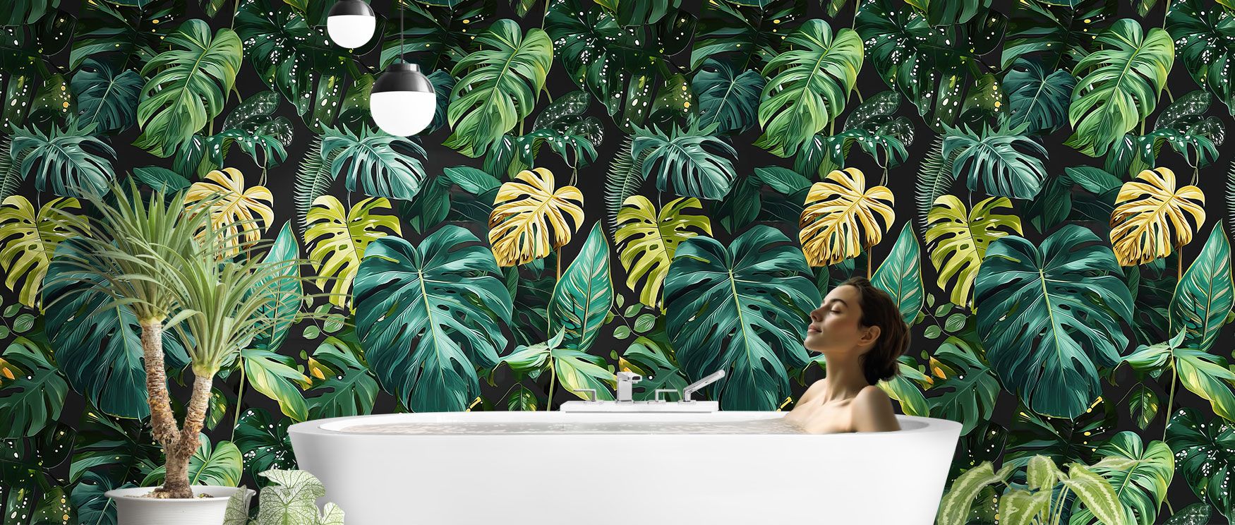 Vibrant green tropical Monstera leaves are rendered with artistic detail and paired with gold accents, creating a wallpaper that adds drama, warmth, and elegance to interiors. 