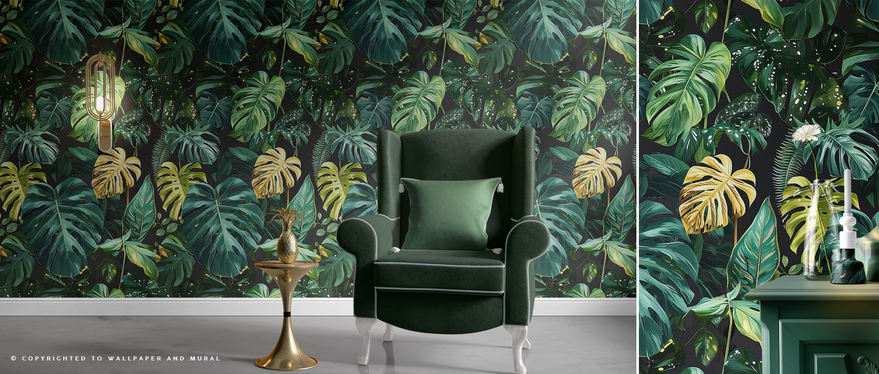 The Monstera Leaf Wallpaper highlights bold, lush green leaves with detailed textures complemented by gold accents, creating a sophisticated tropical design ideal for bedrooms or modern living rooms. 