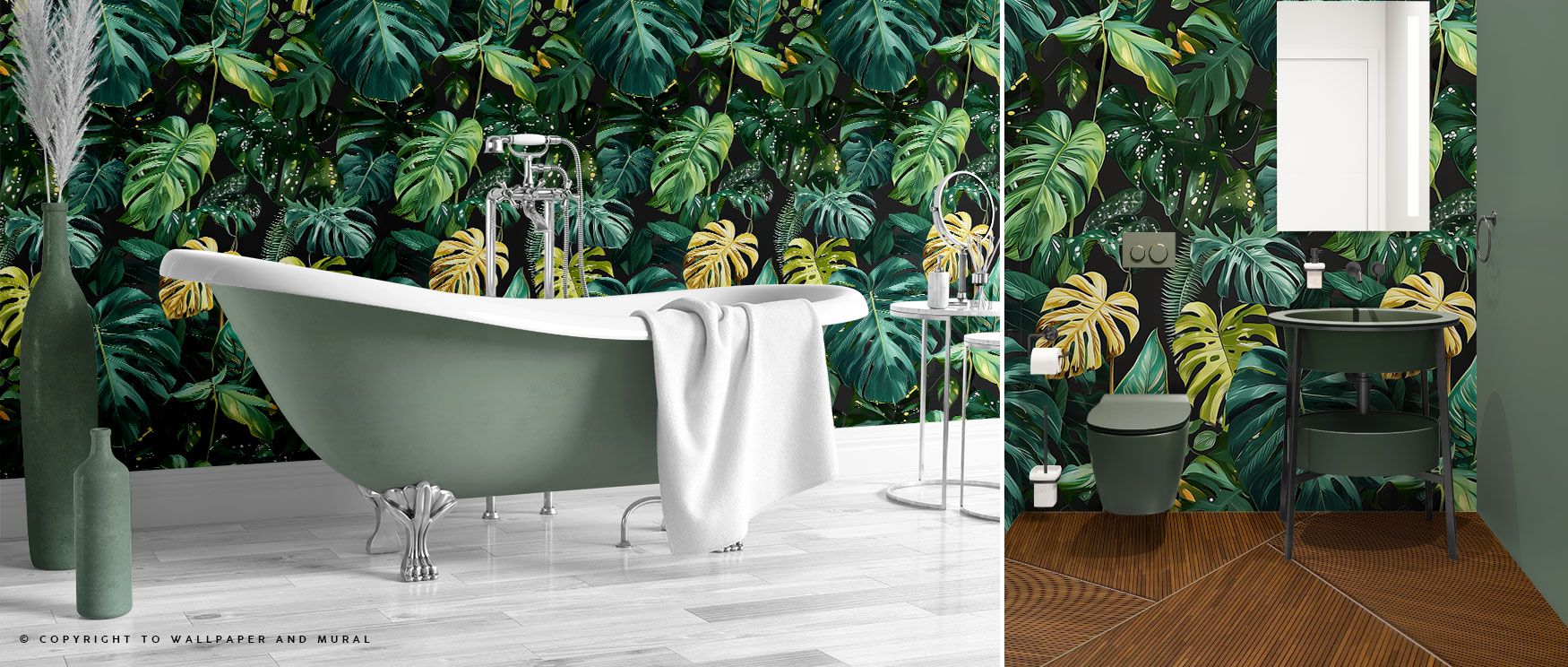 Large, iconic Monstera leaves with vibrant rainforest tones are paired with elegant gold detailing in this wallpaper, offering refined botanical beauty perfect for stylish home interiors. 