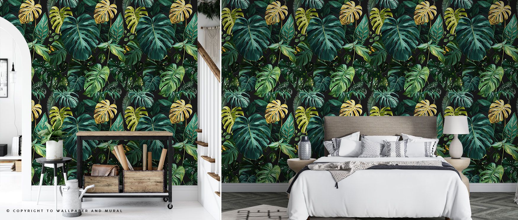 A luxurious wallpaper featuring tropical Monstera plants in rich greens enhanced with shimmering gold highlights, adding both freshness and sophistication to living spaces. 