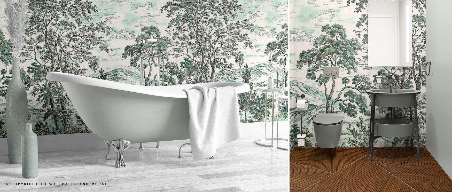 The design showcases exotic tropical foliage woven into a fairy-like forest setting, capturing the serenity of nature and the whimsical atmosphere of woodland fantasy, ideal for cozy bedrooms or dreamy lounge spaces. 