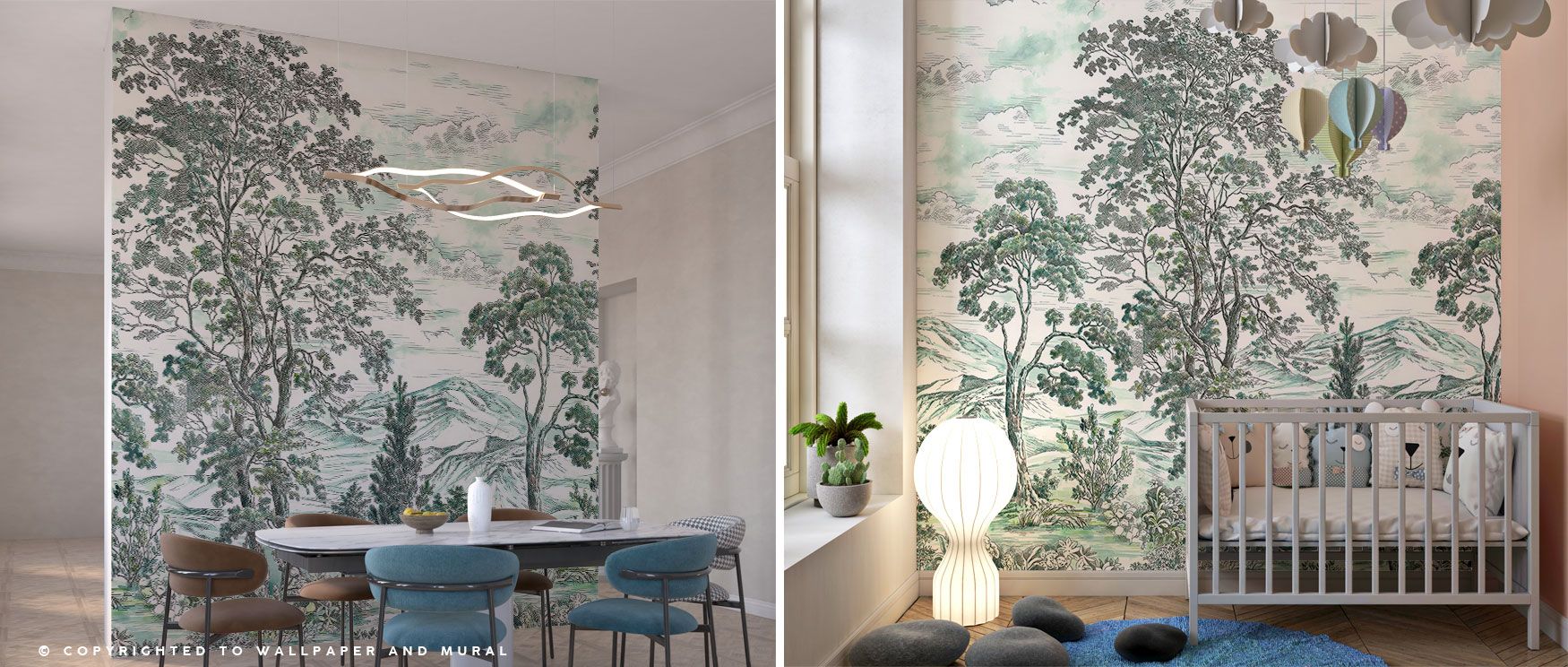 The design evokes the magic of a forest fairyland through rich greenery and expansive tree forms, immersing your room in an atmosphere of natural calm and imaginative escape perfect for living or reading rooms. 