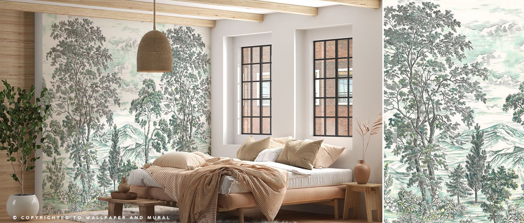 A harmonious combination of large forest trees and tropical botanical greenery creates an enchanting wallpaper that transforms walls into lush backdrops for bedrooms, studies, or relaxation spaces. 
