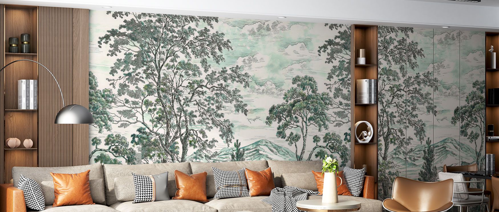 Inspired by fairytale forests, this wallpaper surrounds your home with lush tree details and layered tropical foliage, adding serenity, depth, and charm suitable for creative interiors or cozy living spaces. 